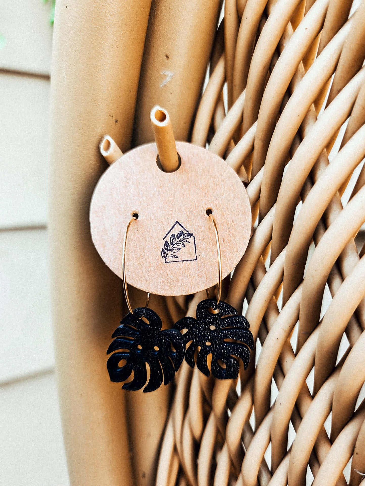 Small Black Monstera Hoop Earrings