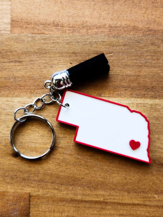 Nebraska Keychain w/ Tassel - White