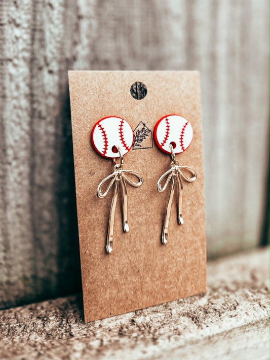 Baseballs & Bows Dangle Earrings