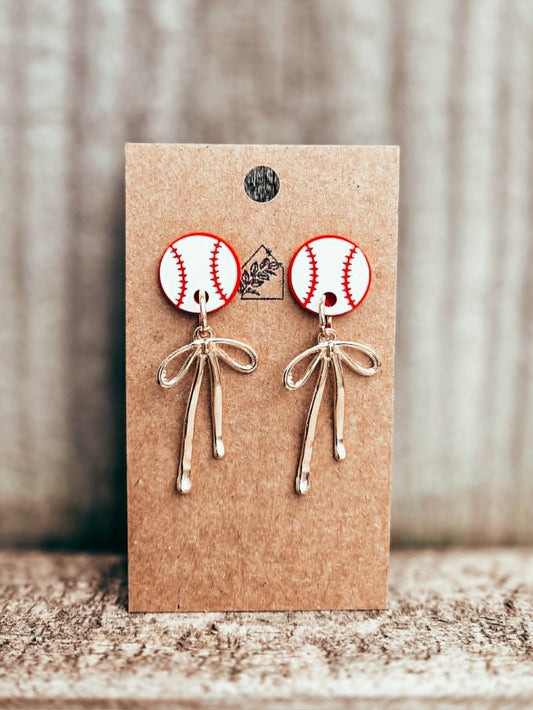 Baseballs & Bows Dangle Earrings