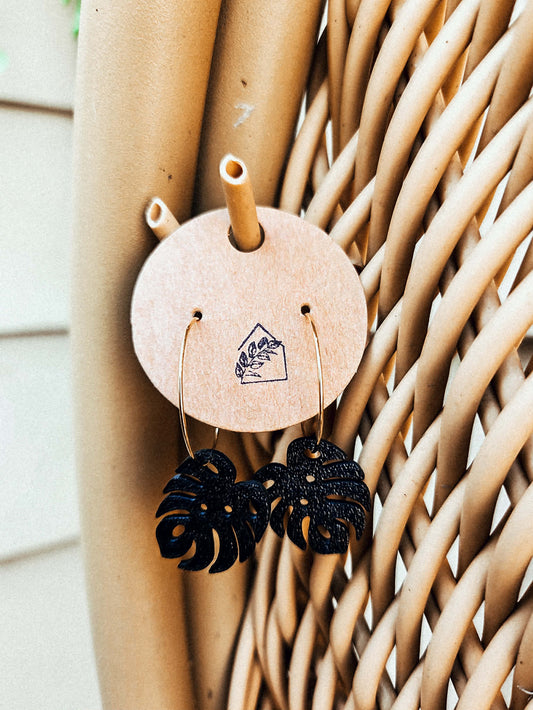Small Black Monstera Hoop Earrings