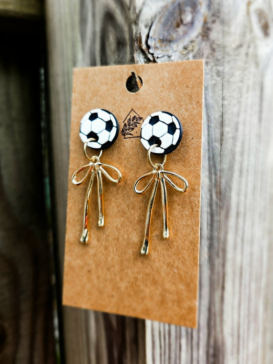 Soccer Balls & Bows Dangle Earrings